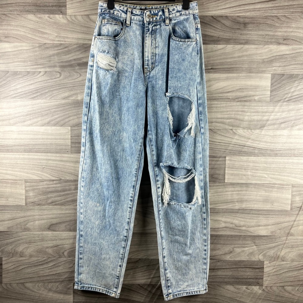 Pretty Little Thing Boyfriend Jeans Womens 1 Juniors Blue Acid Wash Distressed
